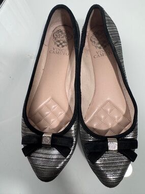 Vince Camuto Silver Metallic Pointed Toe Ballet Flats with Black Trim